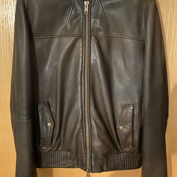 AllSaints Leather ‘Jack’ Bomber Jacket UK Size Large Brown Autumn Winter - Picture 9 of 11